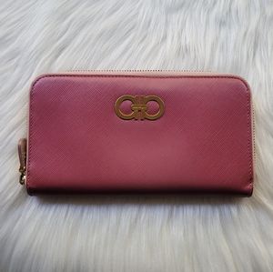 Salvatore Ferragamo Double Gancio Leather Zip Around Pink Wallet